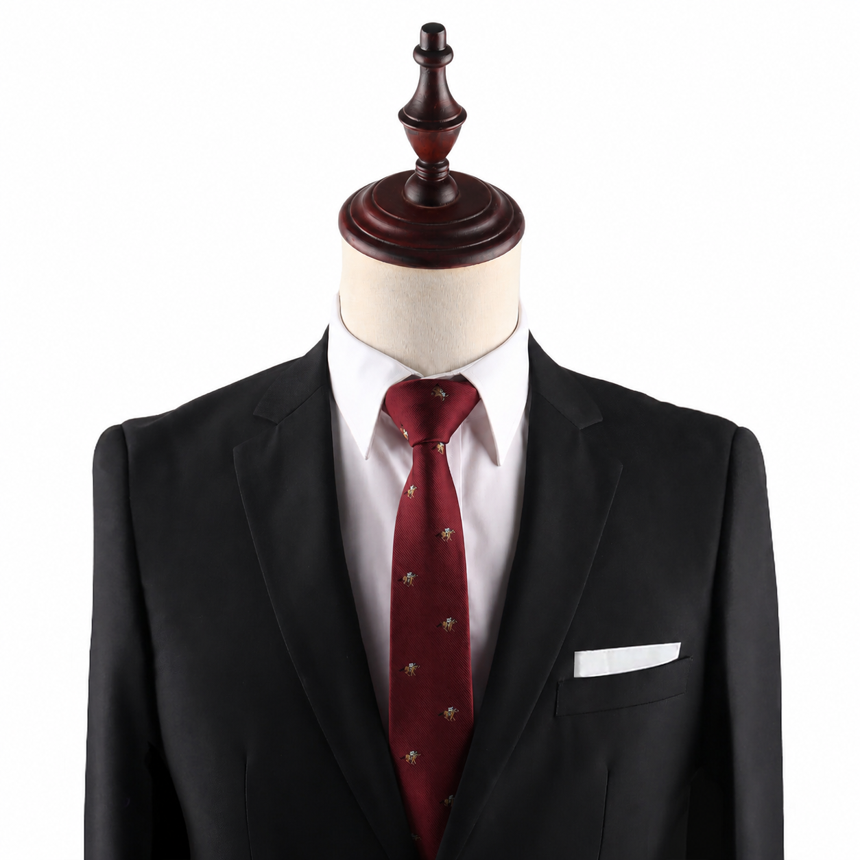 A mannequin wearing a black suit, white dress shirt, Horse Racing Skinny Maroon Tie, and a white pocket square stands against a white background.