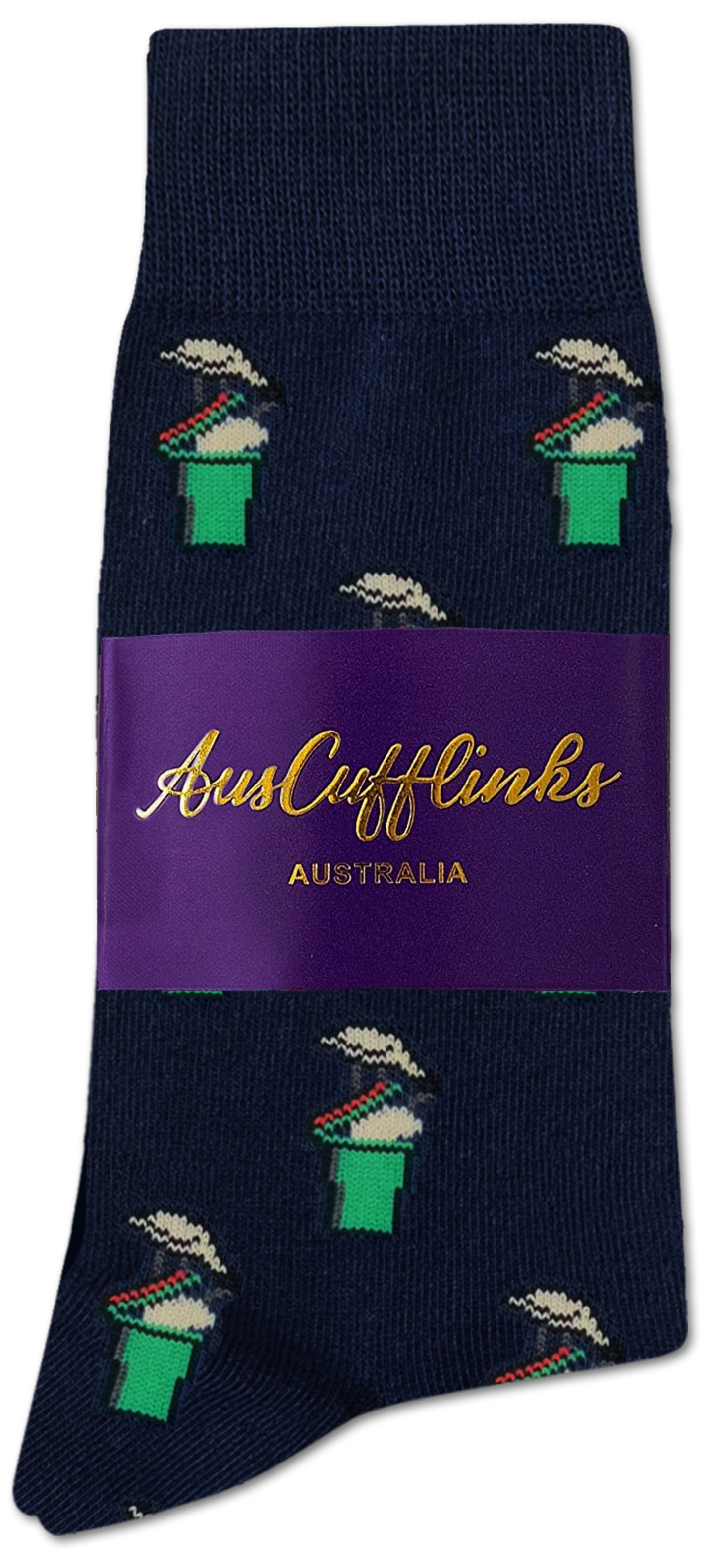Basketball Backboard Socks (Copy) are navy blue basketball socks featuring cartoon characters with hats, packaged with a purple AusCufflinks Australia label—the perfect basketball gift for any fun-loving fan.