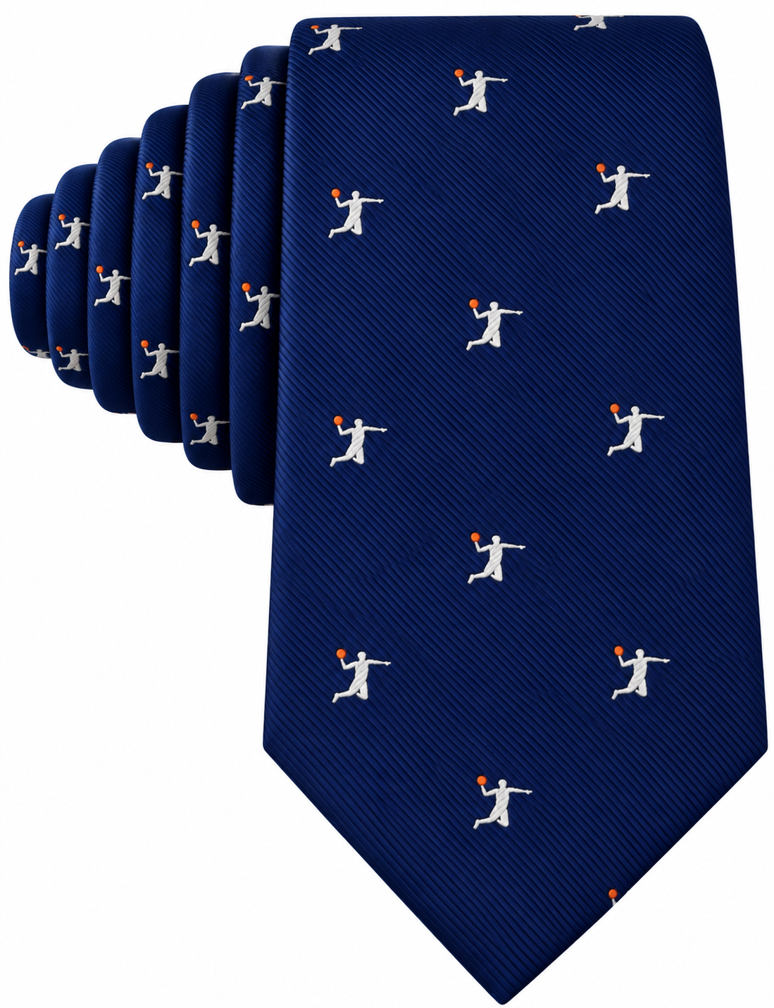 Blue skinny tie featuring a repeated pattern of small white basketball players dunking, each wearing a red cap. This stylish piece adds a playful twist to your collection and is perfect for sports enthusiasts—whether you want to showcase your love for slam dunks or add a sporty accent with the Basketball Dunk Skinny Tie.