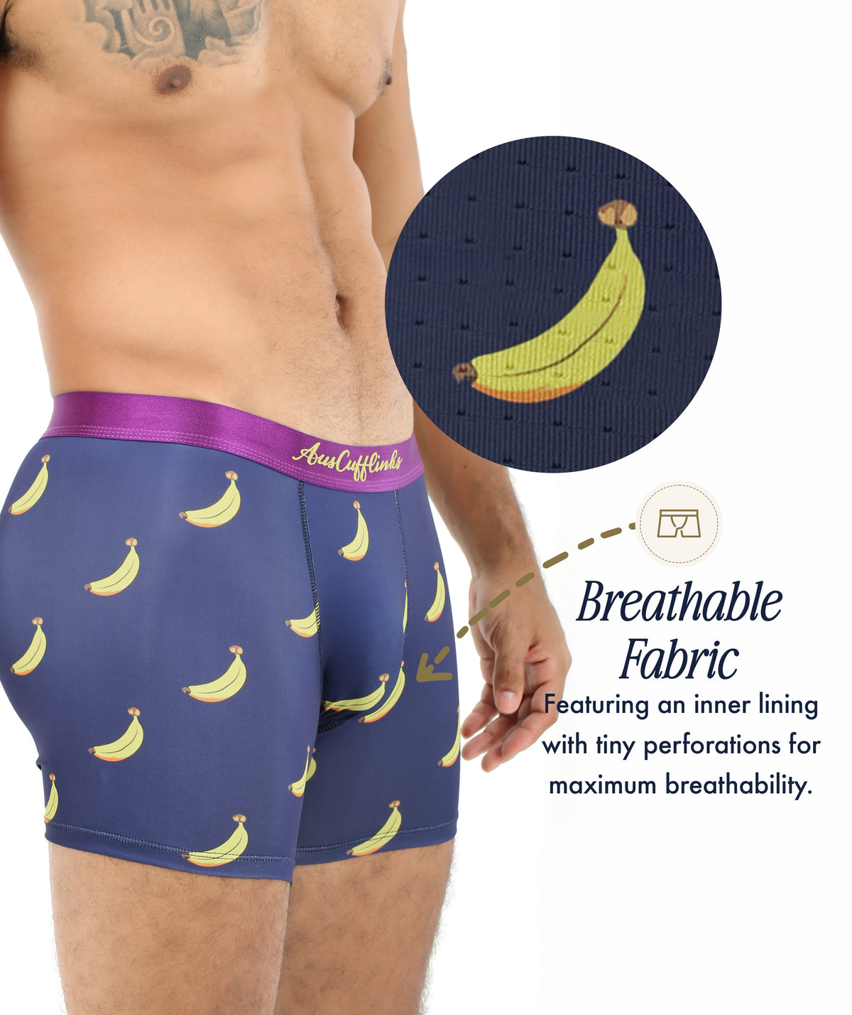 A man models Banana Underwearโblue boxer briefs with playful banana prints and a purple waistband. A circular inset shows small fabric perforations highlighting the breathable, moisture-wicking feature.