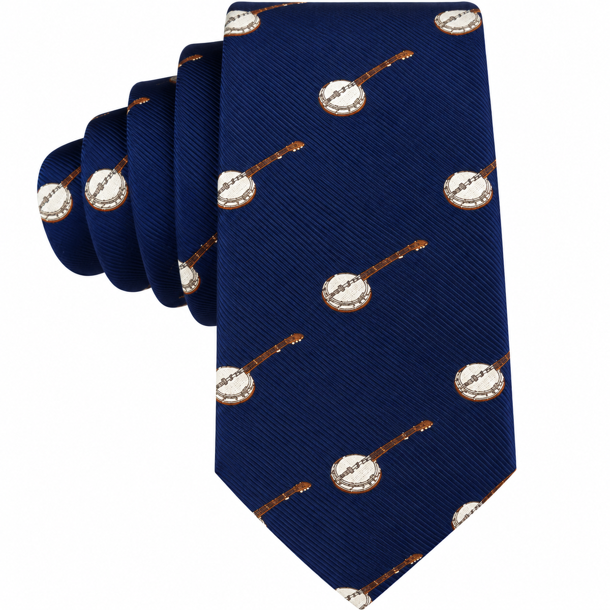 The Banjo Skinny Tie is a blue accessory adorned with a repeating pattern of small, detailed banjos evenly spaced across the fabric—an ideal music-themed tie for any enthusiast.