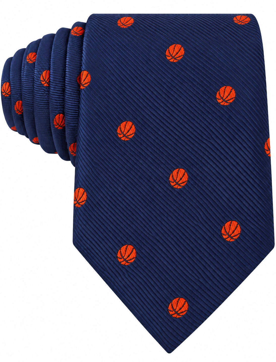 The Basketball Skinny Tie features a navy blue background adorned with evenly spaced small orange basketball prints, making it the perfect basketball gift for sports enthusiasts.