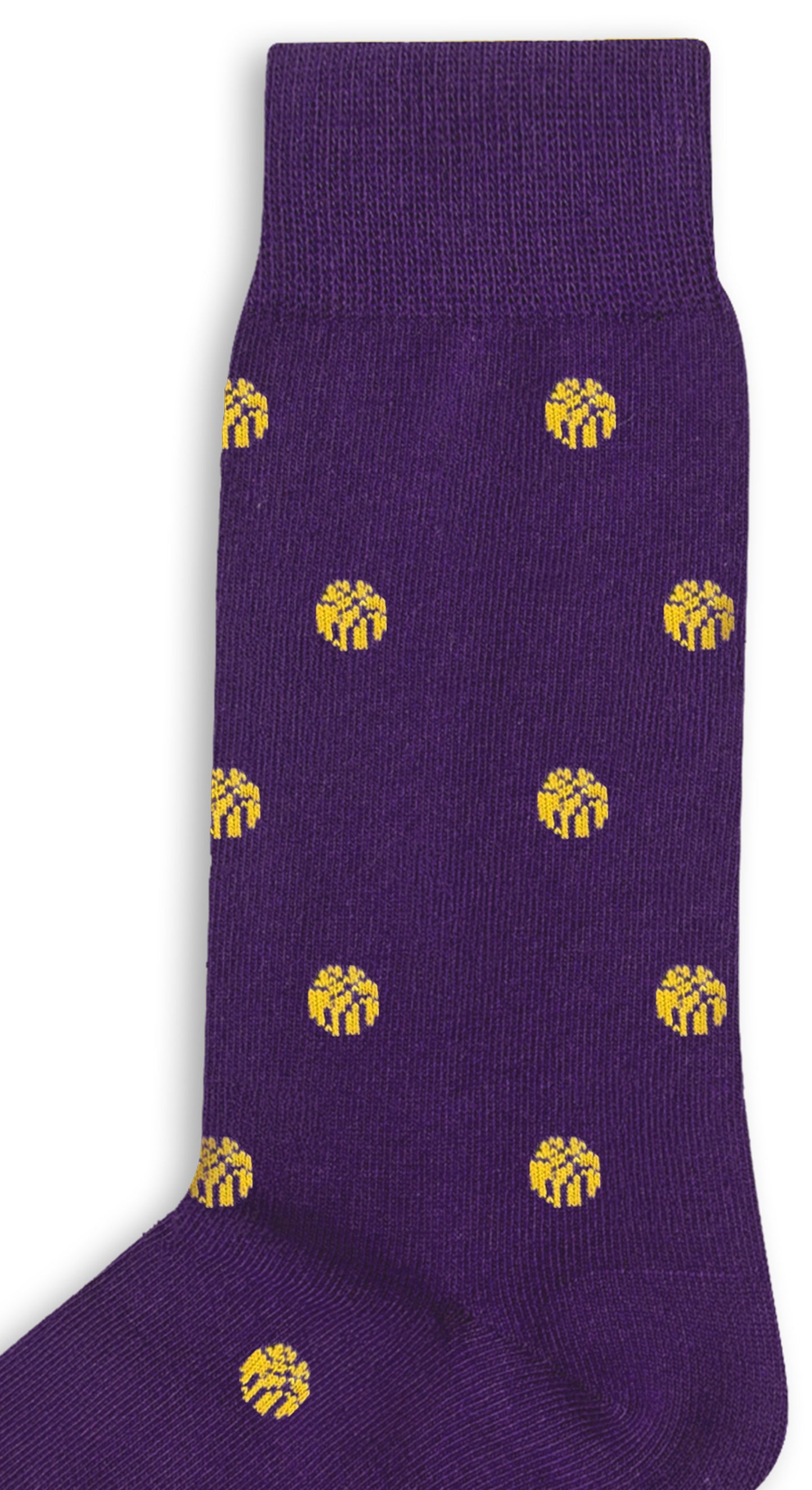 The Yellow Basketball Socks are breathable and purple, featuring evenly spaced small yellow gift box motifs inspired by classic NBA colors.