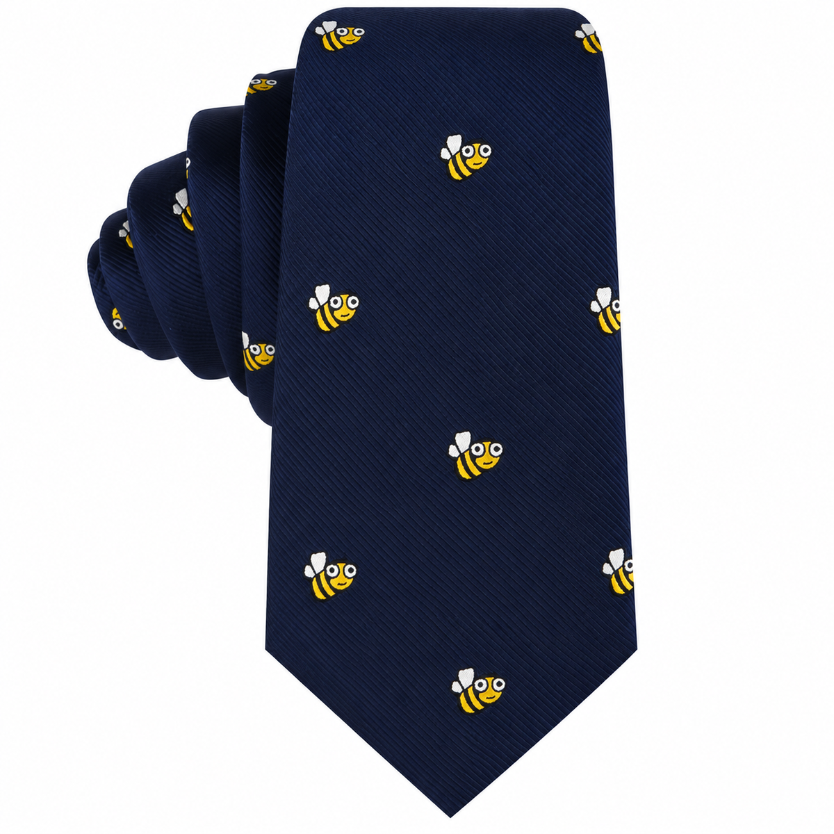 Introducing the Bee Skinny Tie—a navy blue necktie adorned with a repeating pattern of cartoon yellow and black bees with white wings, making it the perfect accessory to add a playful touch to your attire.
