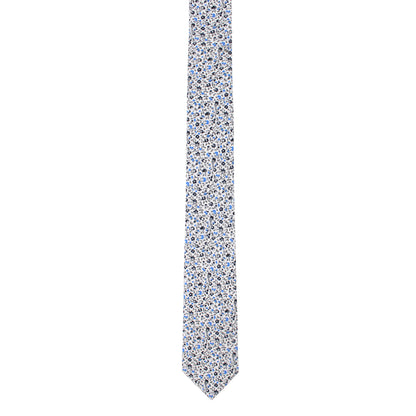 A tie with blue and white flowers on a midnight backdrop. 

(Product Name: Black Light Blue Floral Cotton Skinny Tie & Pocket Square Set)