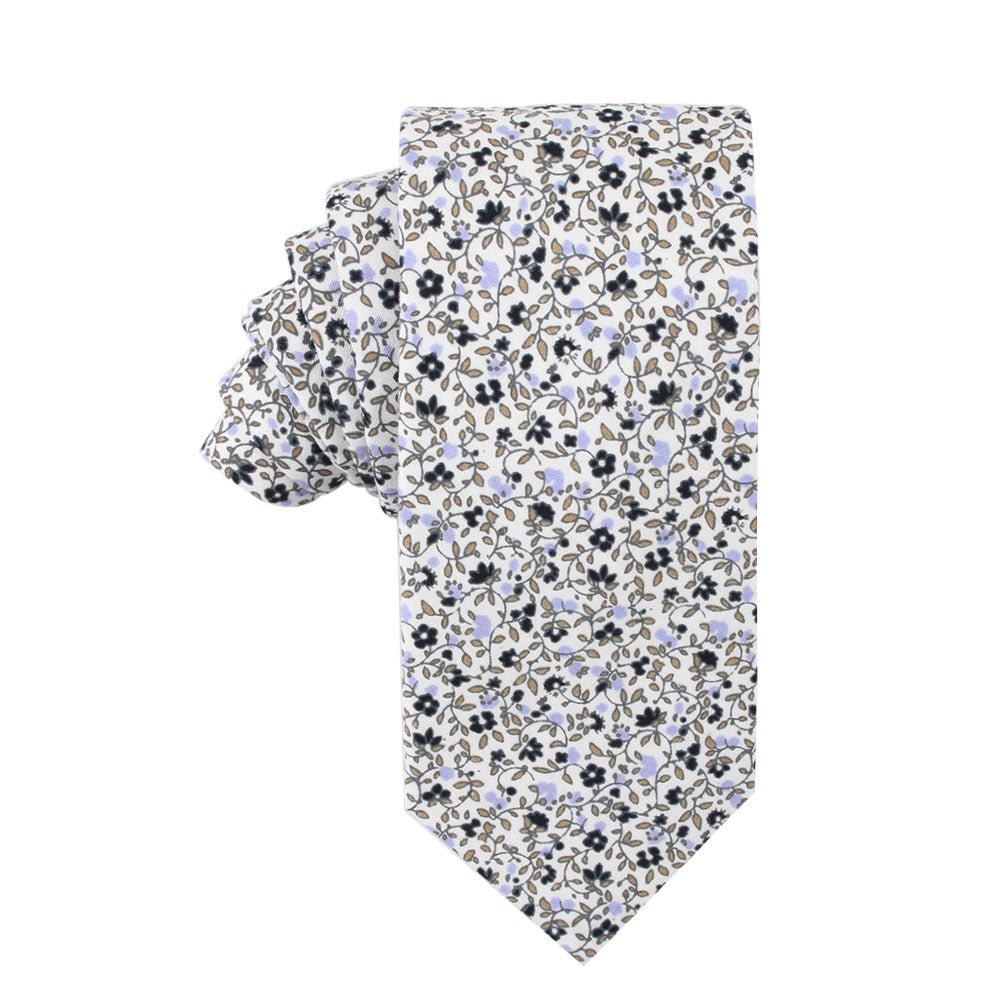 Black Print Floral Cotton Skinny Tie & Pocket Square Set