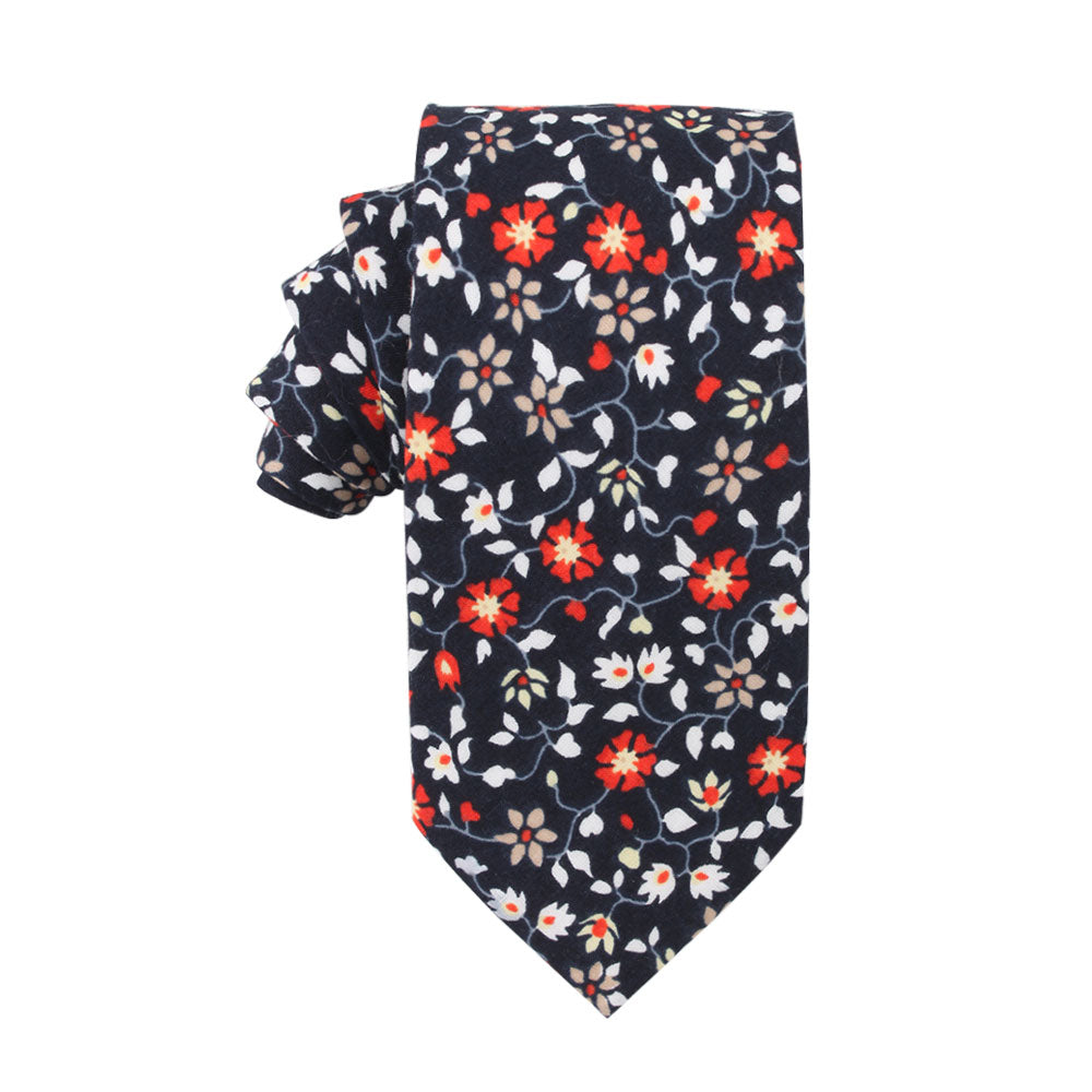 Black Red Orange Amaryllis Cotton Floral Skinny Tie & Pocket Square Set