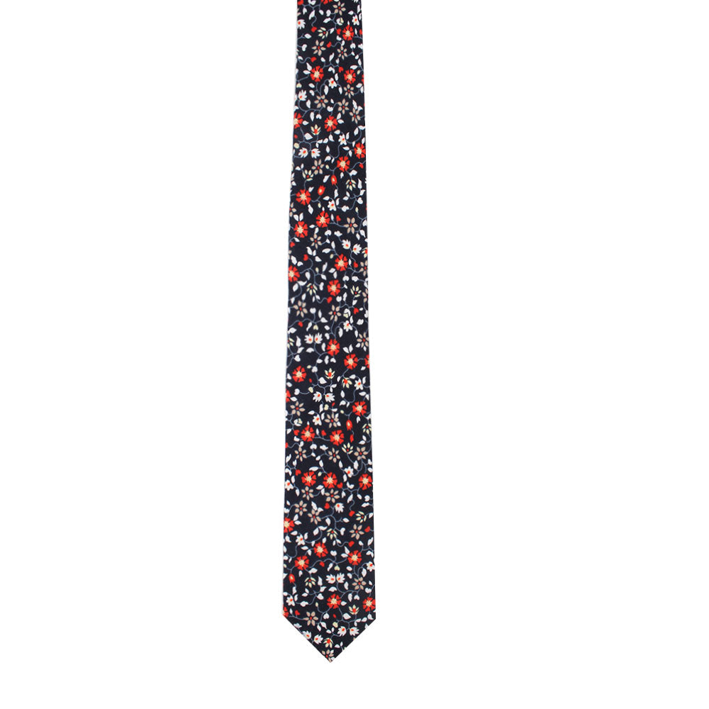 Black Red Orange Amaryllis Cotton Floral Skinny Tie & Pocket Square Set