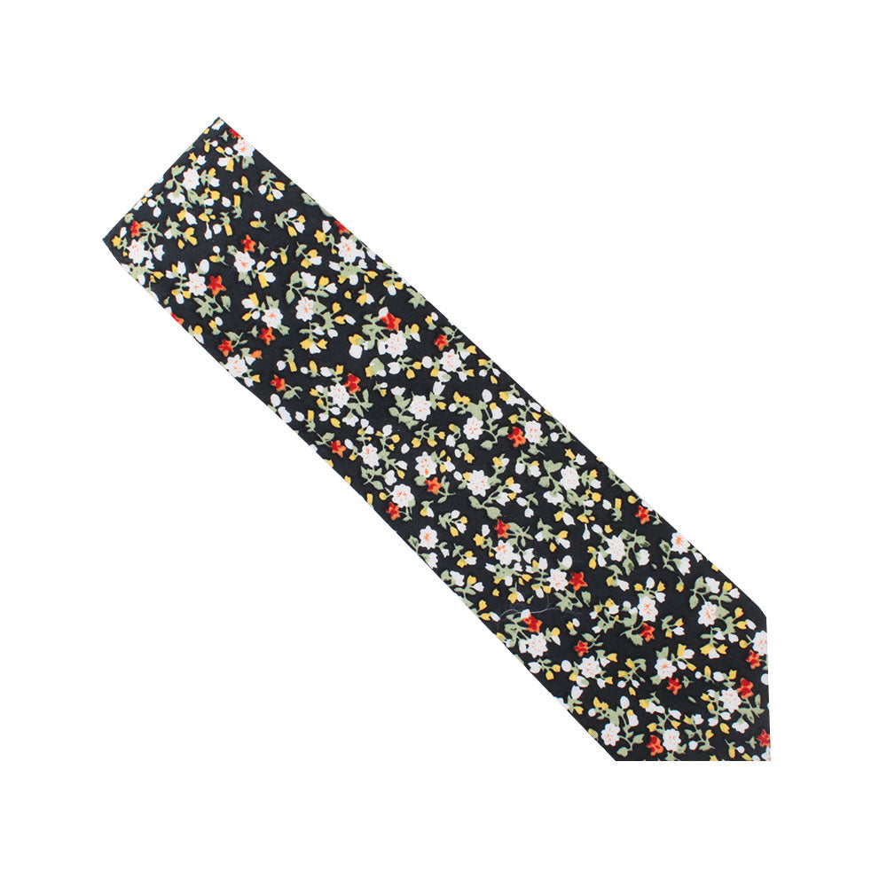 Black Red Yellow Multi Cotton Floral Skinny Tie & Pocket Square Set