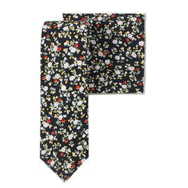 A Black Red Yellow Multi Cotton Floral Skinny Tie & Pocket Square Set with a floral pattern.