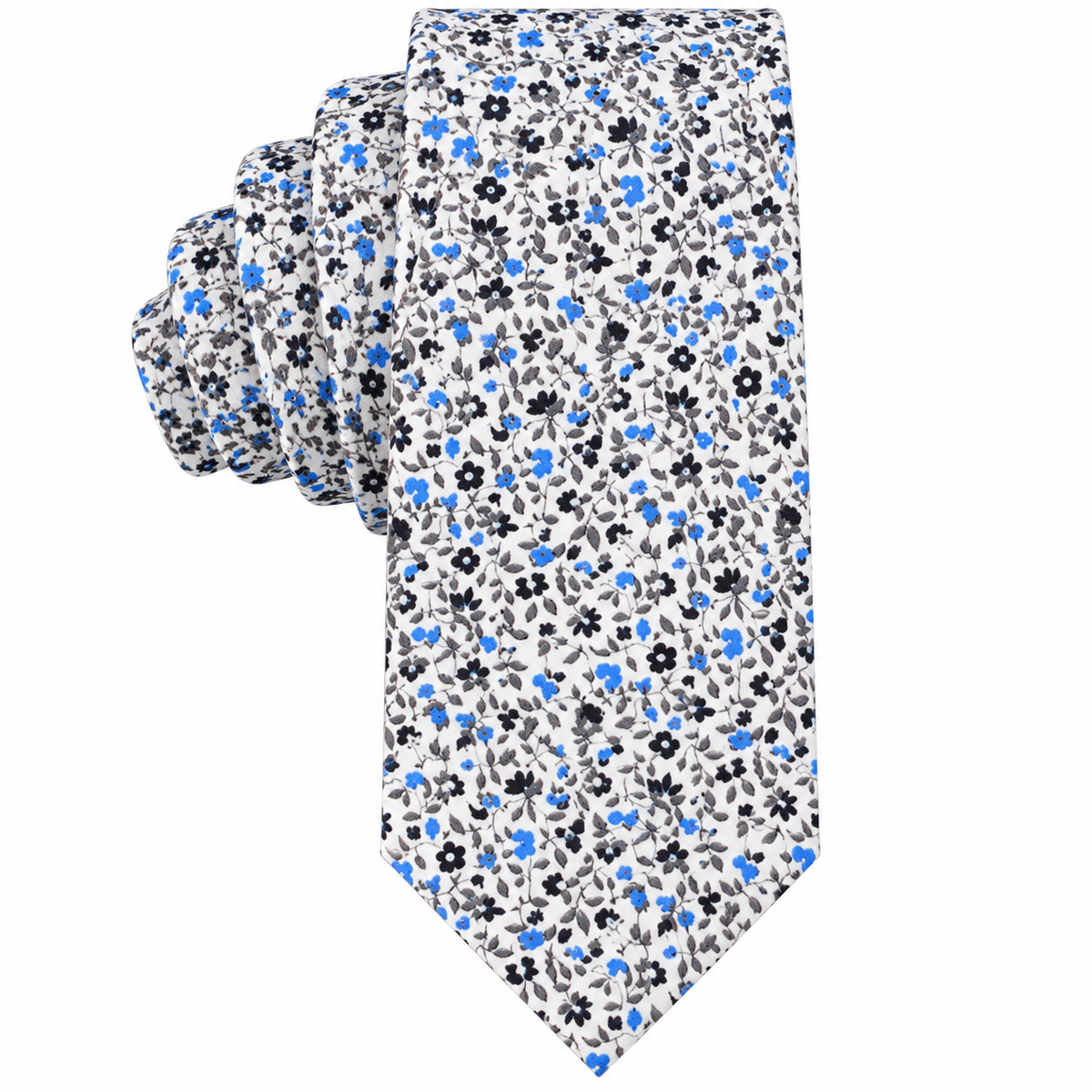 The Black Light Blue Floral Skinny Cotton Tie is a rolled-up accessory showcasing a pattern of small black and blue flowers on a white background, making it an ideal choice for elevating men’s style.