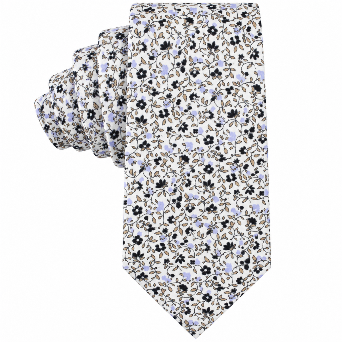 The Black Print Floral Skinny Cotton Tie is a men’s formal accessory crafted from cotton, featuring a pattern of small black and light blue flowers with green leaves on a white background. Shown folded neatly with the tip facing forward, this tie adds an elegant touch to any outfit.