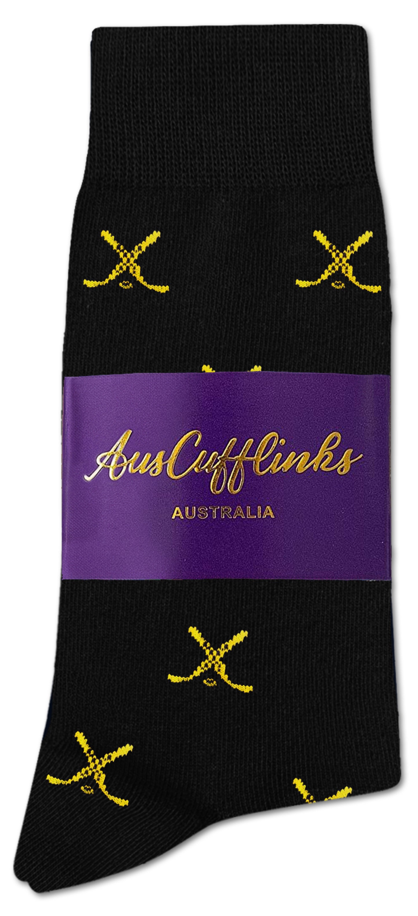 A pair of Yellow and Navy Ice Hockey Cross Socks featuring a yellow crossed-swords pattern and moisture-wicking design, packaged with a purple label reading "AusCufflinks Australia.