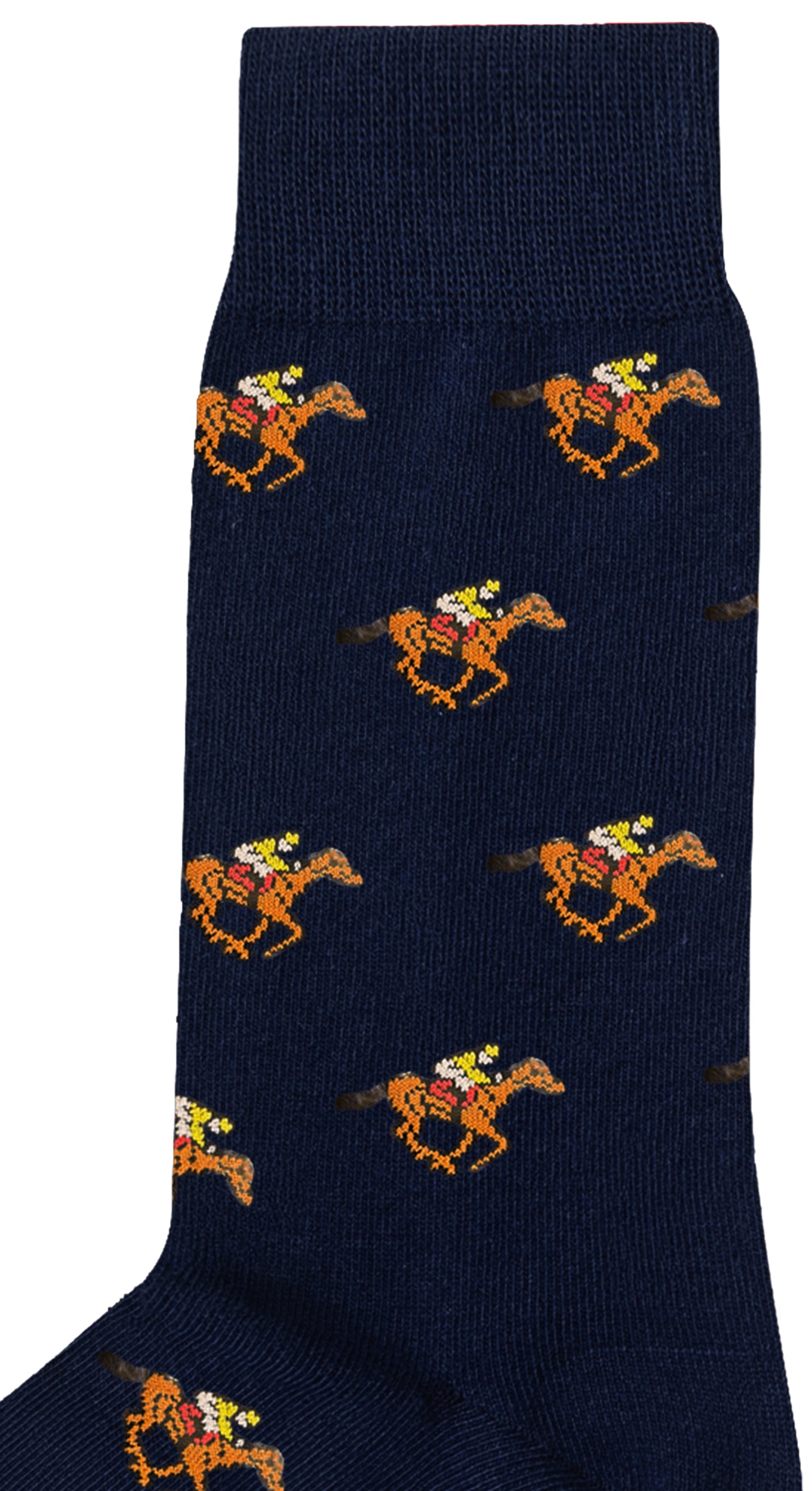 Melbourne Race Horse Socks—navy blue socks with a pattern of pixelated yellow racehorses and red-and-white jockeys; a fun, quirky gift for racing fans.