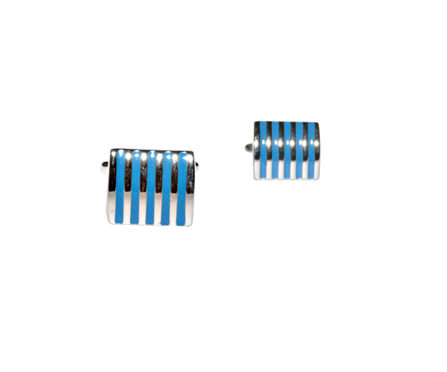The Vertical Blue Cufflinks, crafted with elegant square silver design and vertical blue stripes on a crisp white background, are perfect for complementing any formal wear.
