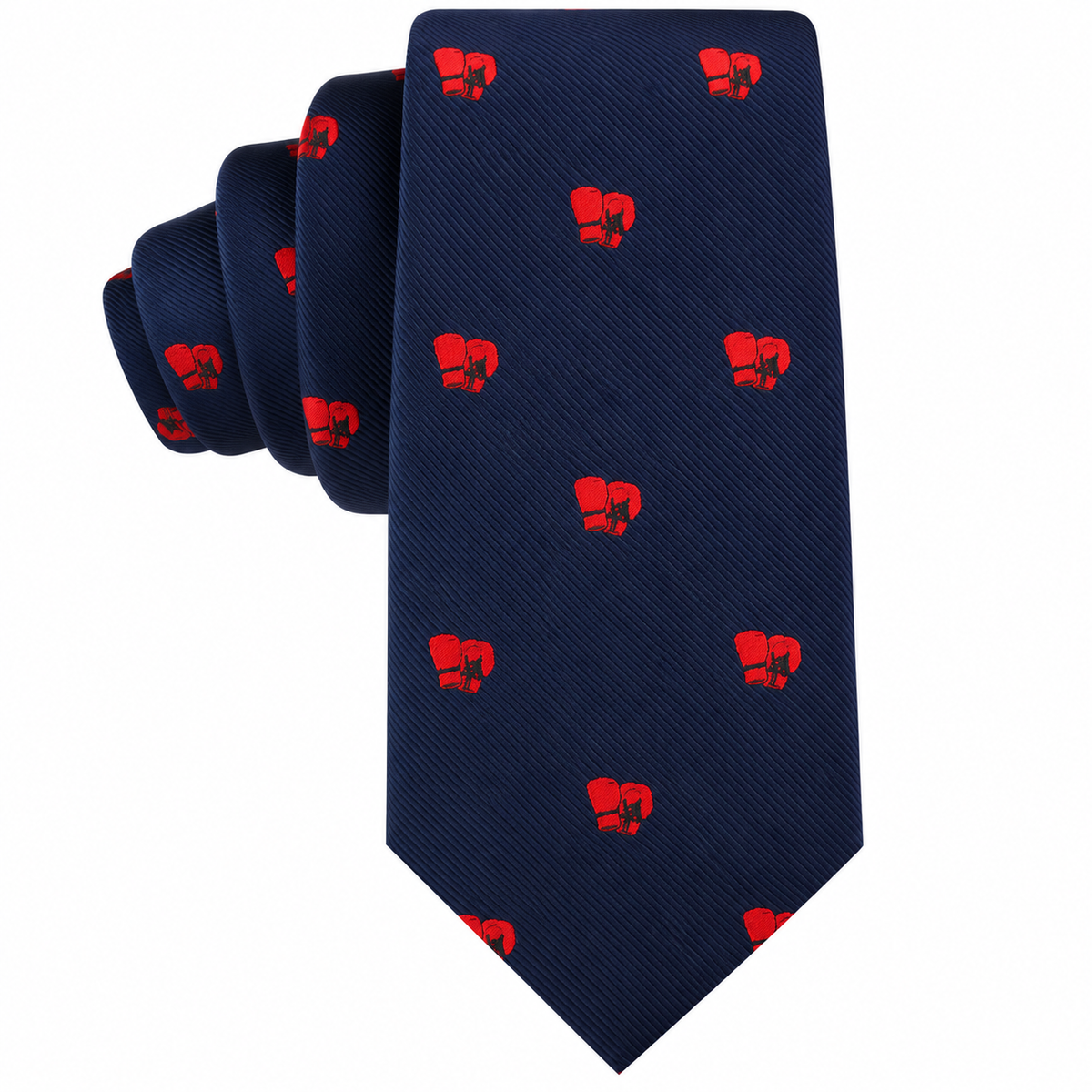 Boxing Skinny Tie in navy blue, featuring a repeating pattern of small red boxing gloves—an ideal gift for boxing fans or a stylish accessory for enthusiasts.