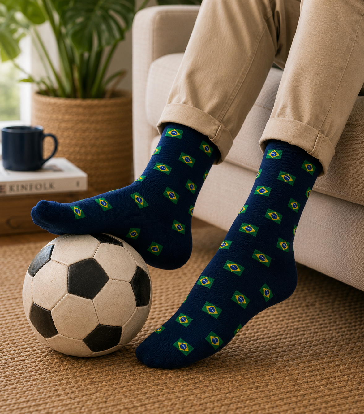 Wearing Brazil Flag Socks with vibrant patterns, a person relaxes on a beige couch, feet propped on a soccer ball, celebrating Brazilian culture. A coffee mug and book add cozy vibes in the background.