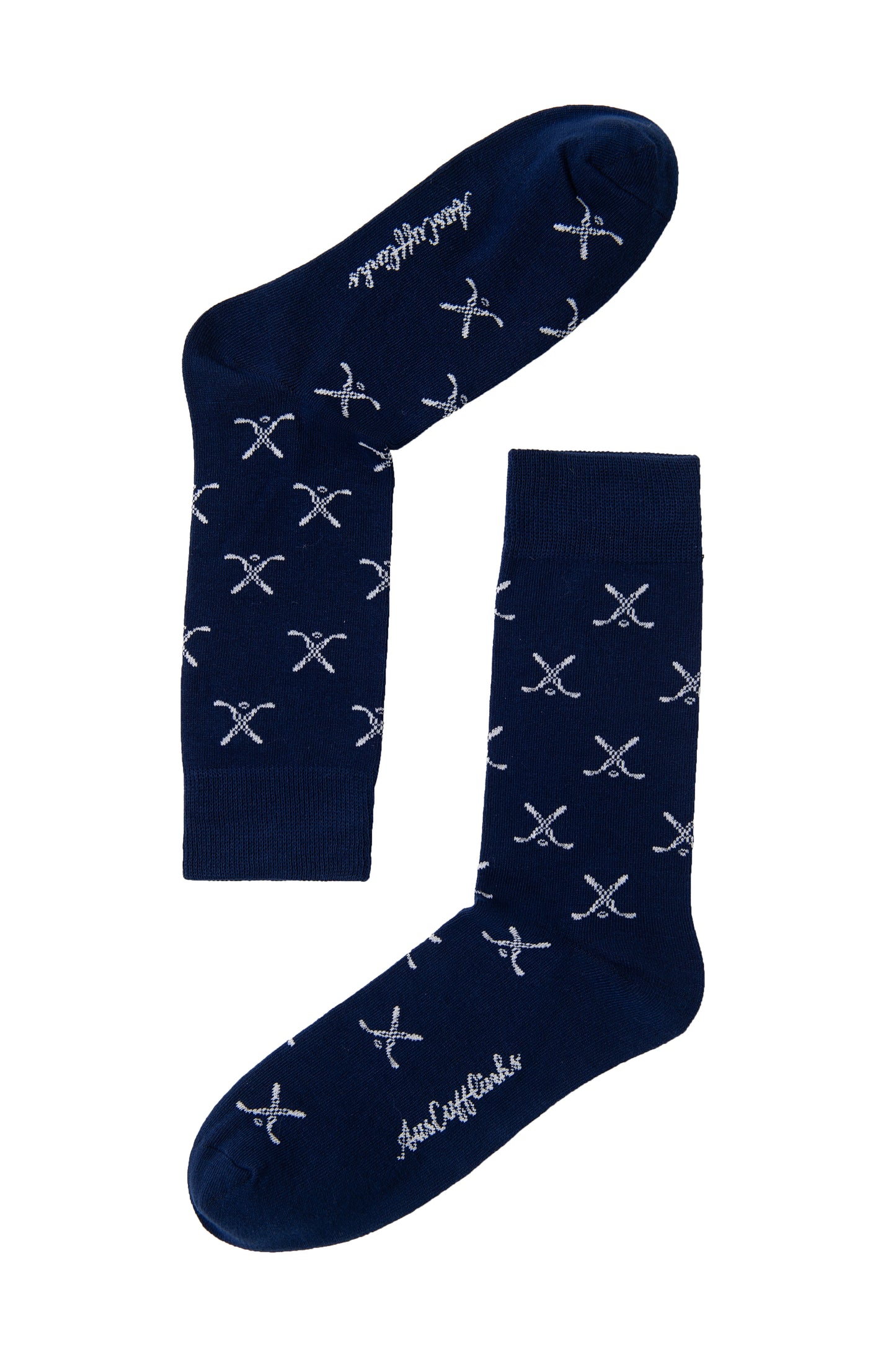 Two Crossed Ice Hockey Socks in navy blue featuring white starfish patterns, laid out flat to add a touch of style to any ensemble.