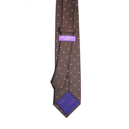 A playful Brown White Polka Dot Business Tie & Pocket Square Set on a white background.