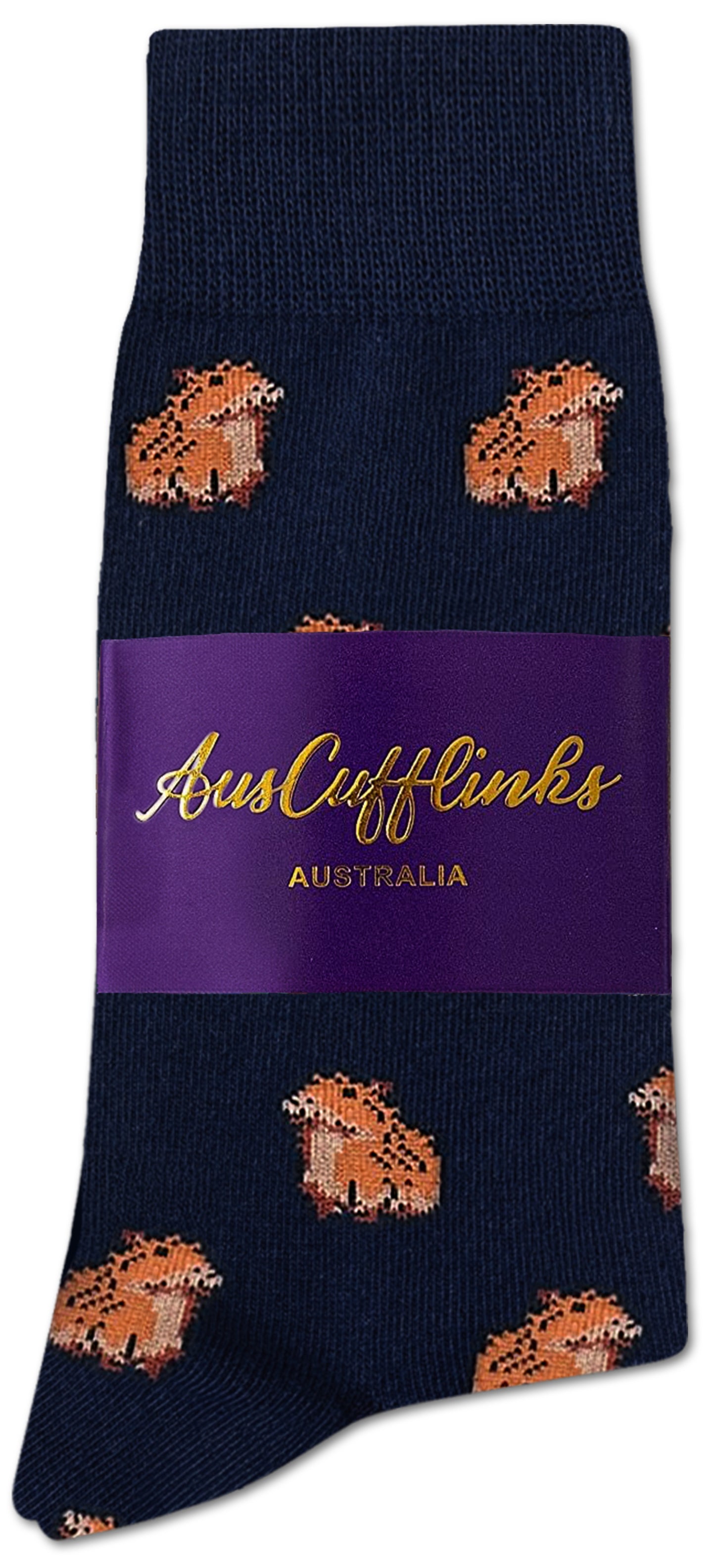 A navy blue quirky sock featuring white ibis (bin chicken) patterns, packaged with a purple band labeled "AusCufflinks Australia" in gold lettering—perfect for anyone who loves a touch of Aussie humor.