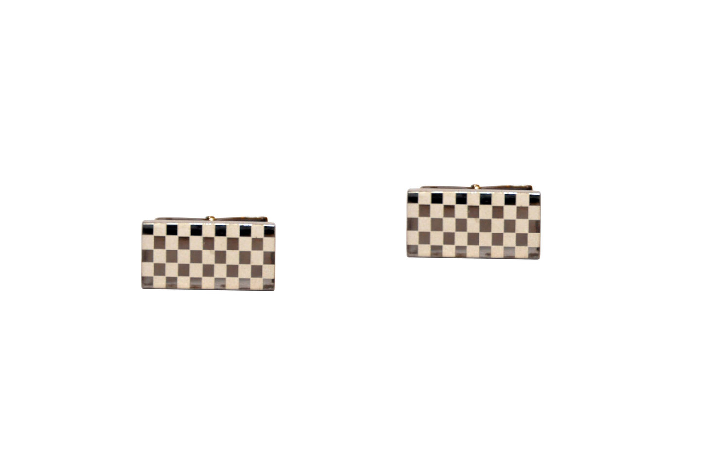 The Checkered Gun Metal Cufflinks boast a modern gentleman's style with their rectangular design featuring black and cream squares set against a crisp white background.