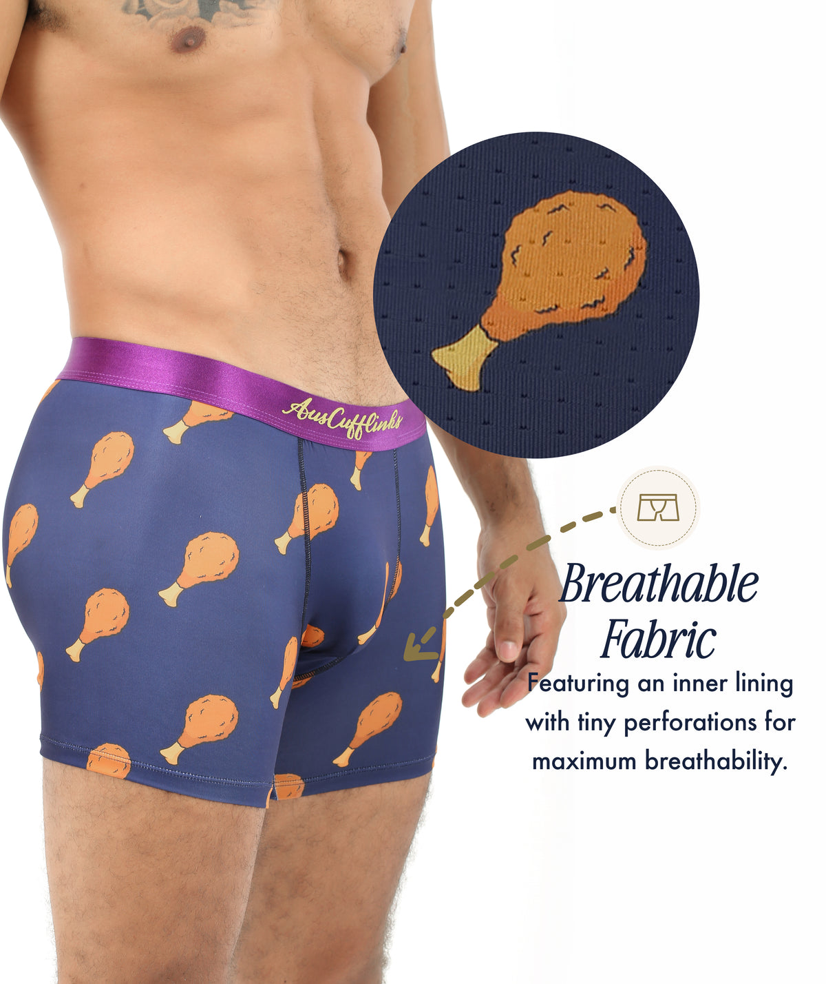 A man wears Chicken Underwear—navy boxers with a chicken drumstick print, purple waistband, and breathable perforated lining; inset highlights fabric details. Perfect as a funny gift.