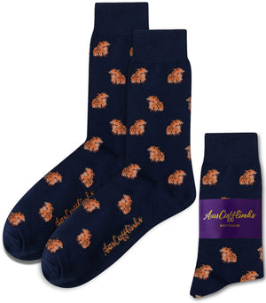 Navy blue Bin Chicken Socks with a quirky white ibis pattern and "AusCufflinks Australia" branding on the toe and packaging—perfect for adding a touch of Aussie humor to your outfit.