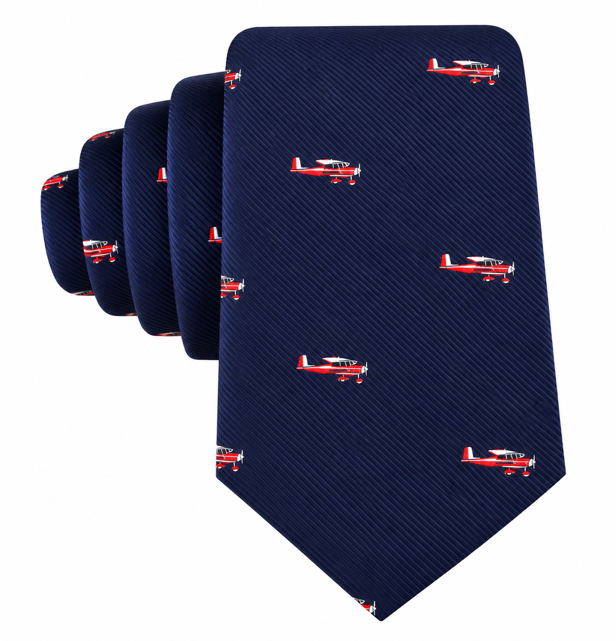 The Classic Aircraft Skinny Tie is a navy blue necktie with a subtle diagonal stripe pattern, accented by small red and white airplane motifs evenly spaced throughout—an ideal aviation-themed skinny tie and the perfect gift for pilots.