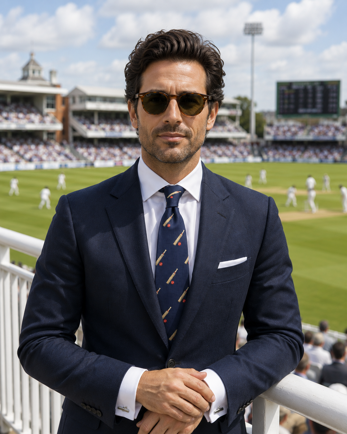 Gentleman wearing a cricket themed tie with bat and ball pattern at a sports event.