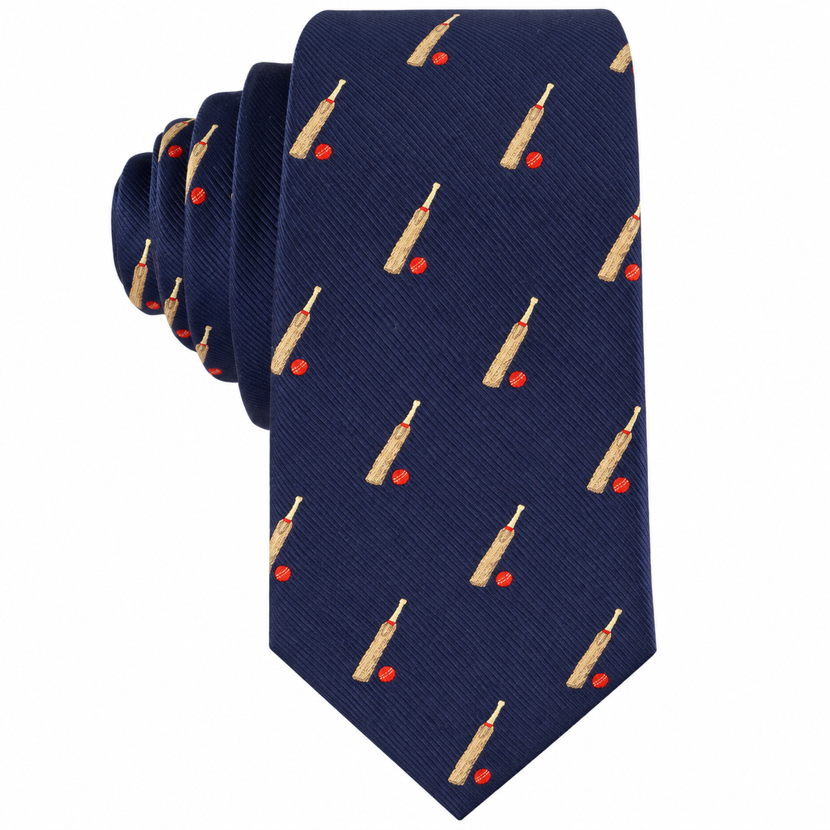 The Cricket Bat and Ball Skinny Tie showcases a repeating pattern of cricket bats and red balls on a navy blue background—an ideal accessory for any cricket enthusiast.