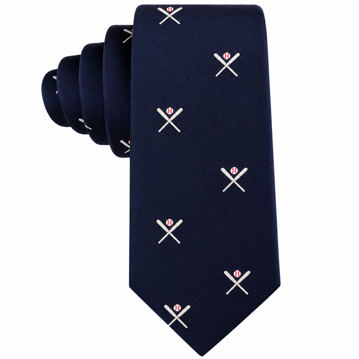 Elevate your style and show off your passion for baseball with the Crossed Baseball Skinny Tie—a navy blue tie for men featuring a playful repeating pattern of crossed baseball bats and a baseball, perfect for adding charm and sports flair to any outfit.
