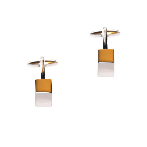 Introducing our Cubed Cufflinks with a geometric design, silver bases, and gold and silver square tops. The polished silver finish enhances elegance, all set against a plain white background.
