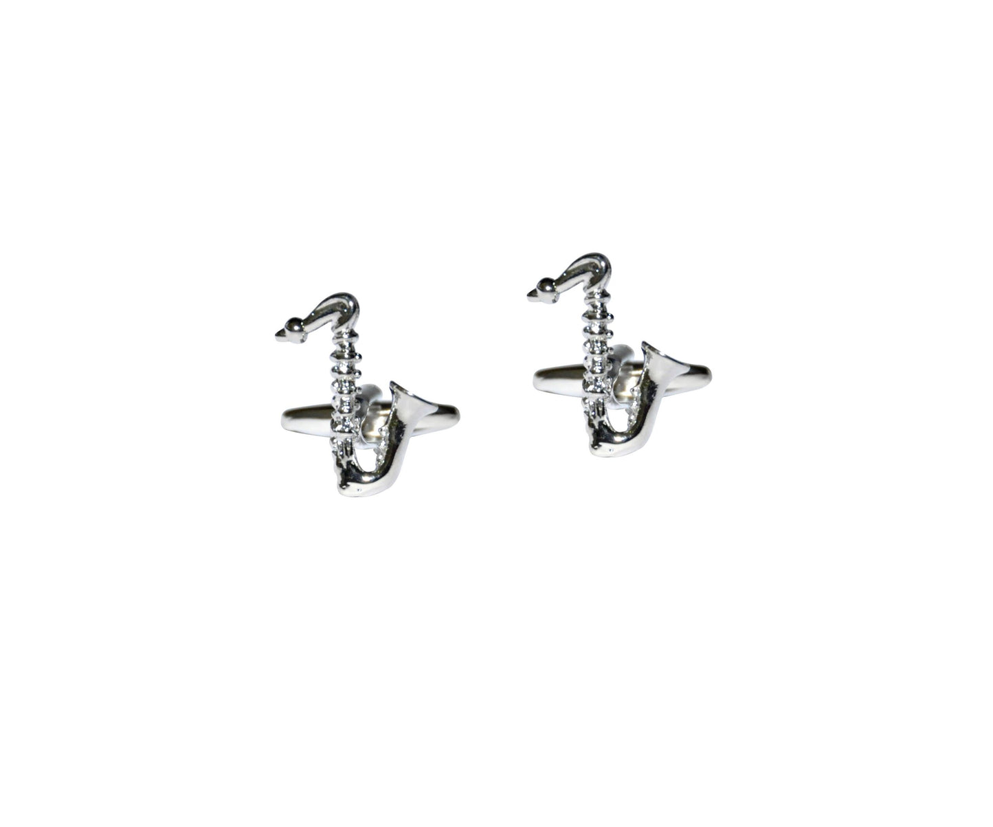 Two saxophone cufflinks in silver with small crystal accents, displayed against a white background.
