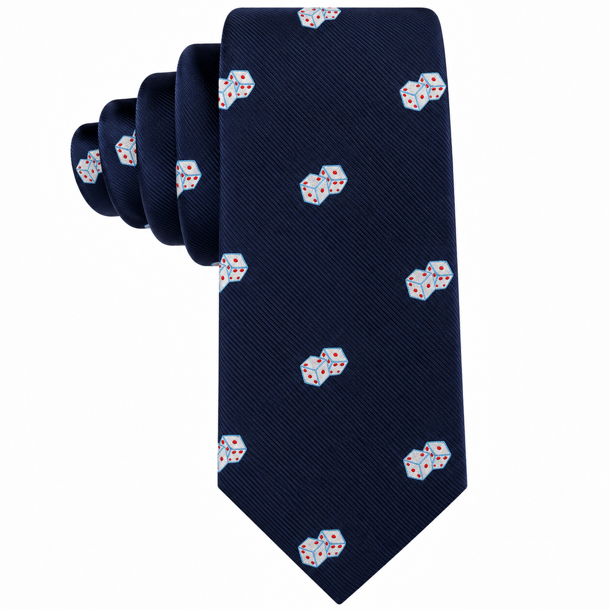 The Dice Skinny Tie features a navy blue background with a playful repeating pattern of small red, white, and blue dice, making it a stylish novelty accessory for any occasion.