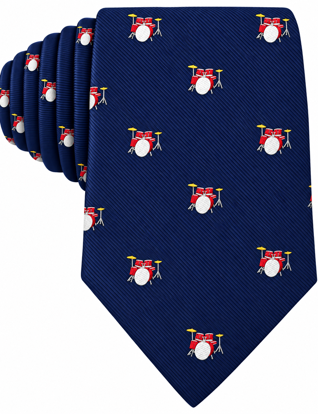 Drums Skinny Tie featuring a repeating pattern of small red and white drum sets with yellow cymbals on a navy blue background—a perfect percussion-themed gift for any music lover.