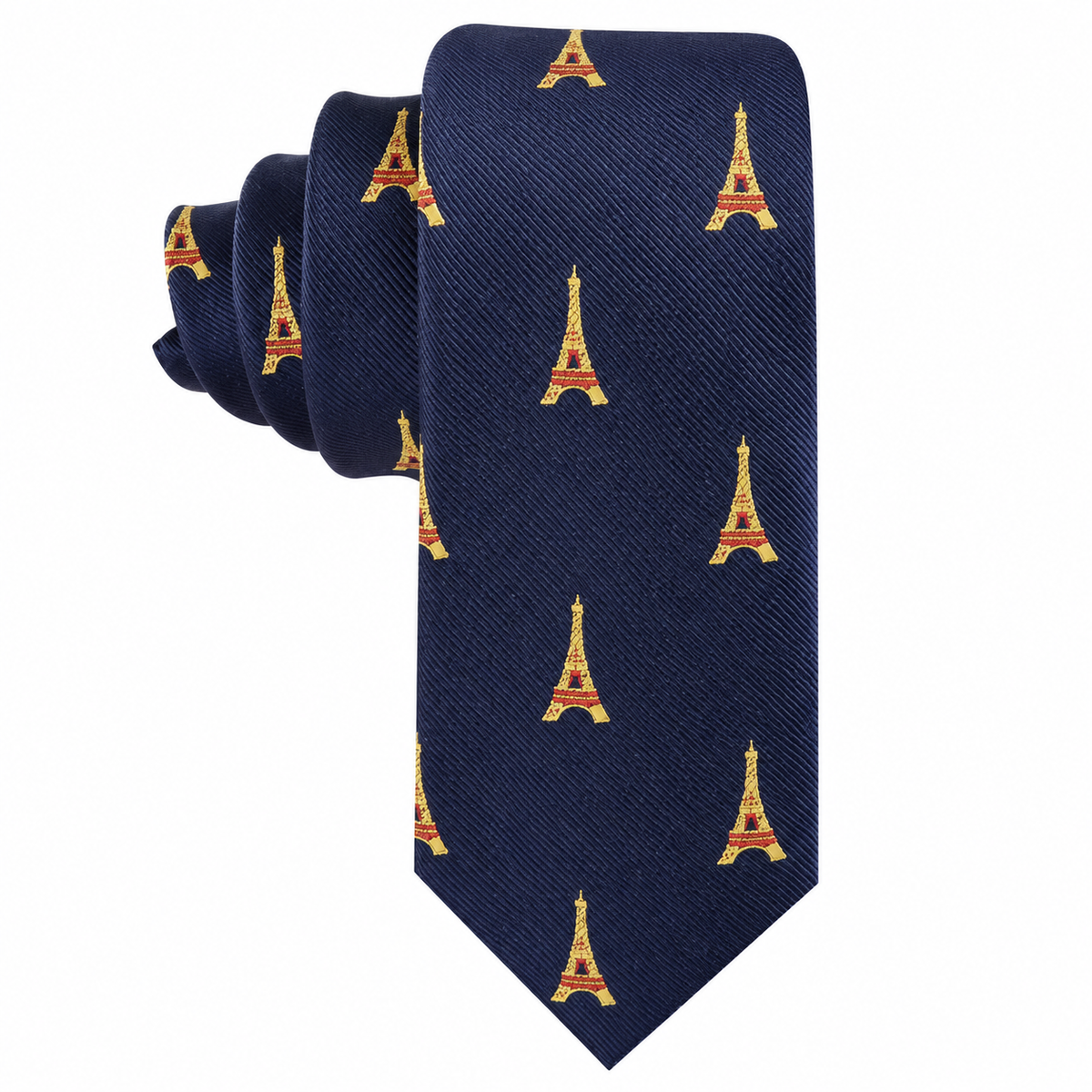Eiffel Tower Skinny Tie in navy blue with a repeating gold Eiffel Tower pattern.
