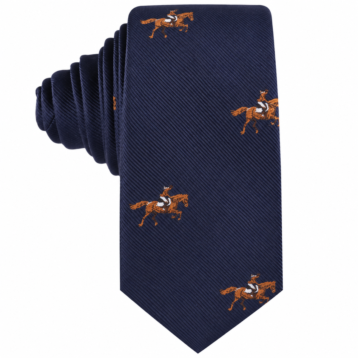 Introducing the Equestrian Skinny Tie: a navy blue necktie adorned with an embroidered motif of a rider on a brown horse, repeated throughout the fabric—an ideal accessory for equestrian enthusiasts or as a stylish option for any Melbourne Cup tie ensemble.