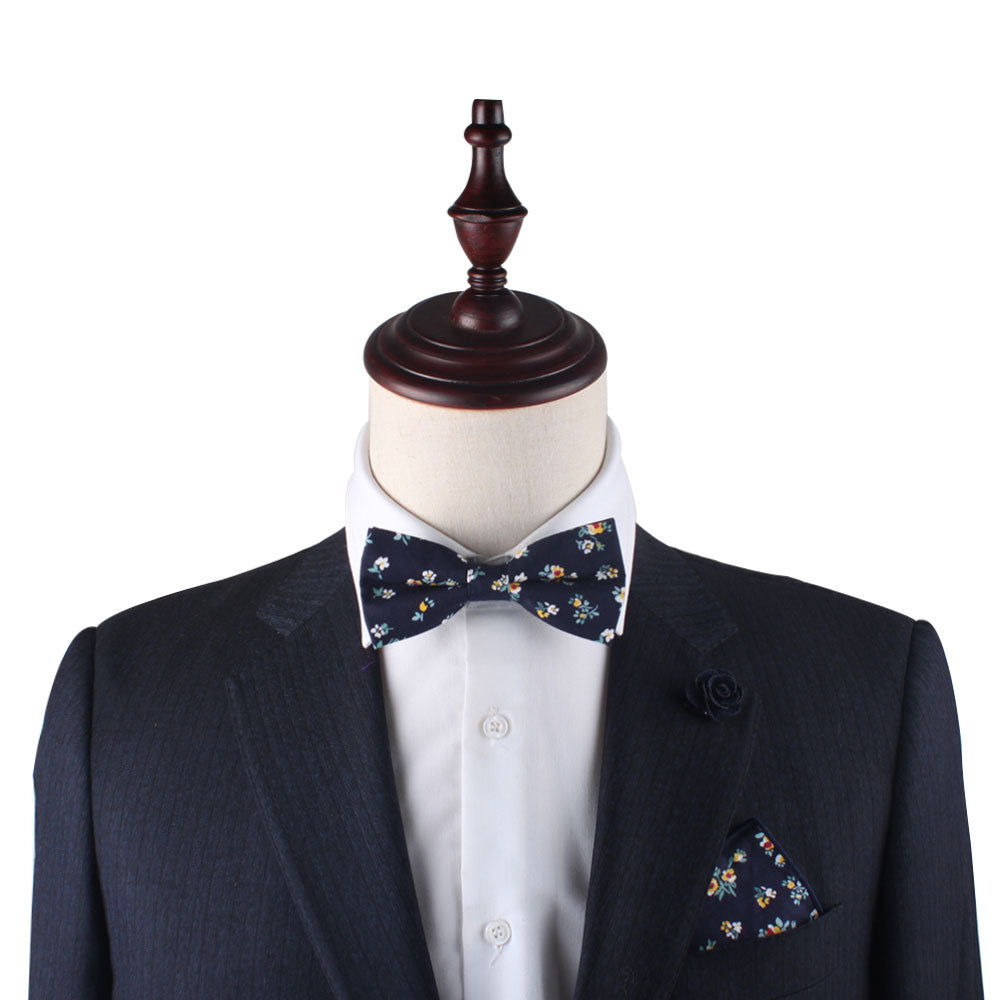 Floral Navy Yellow Cotton Bow Tie & Pocket Square Set