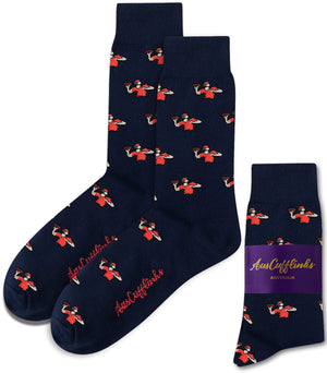 Football Pass Socks: Navy blue socks with a red and white person pattern, ideal for those who love quirky style, displayed with a purple and gold “AusCufflinks Australia” label on one sock.