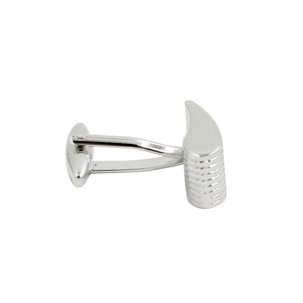 Horizontal Sweep Cufflinks, designed with a ridged, cylindrical pattern and featuring a hinge mechanism for easy attachment to a shirt, add linear elegance and a touch of sophistication to any formal attire.