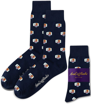 Basketball Backboard Socks in navy blue with a repeating hoop and ball pattern, displayed with an AusCufflinks Australia label—ideal athletic socks for top performance on and off the court.