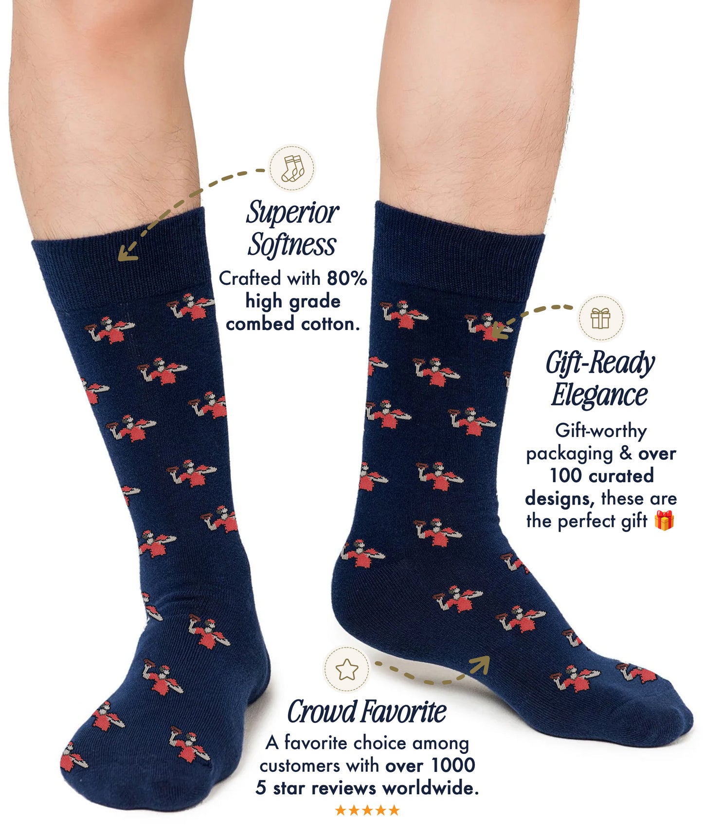 Someone wearing Capybara Socks (Copy), featuring a small red and white pattern on navy blue; made from cozy fabric, arrives in gift-ready packaging, and boasts high customer ratings—ideal for animal lovers.