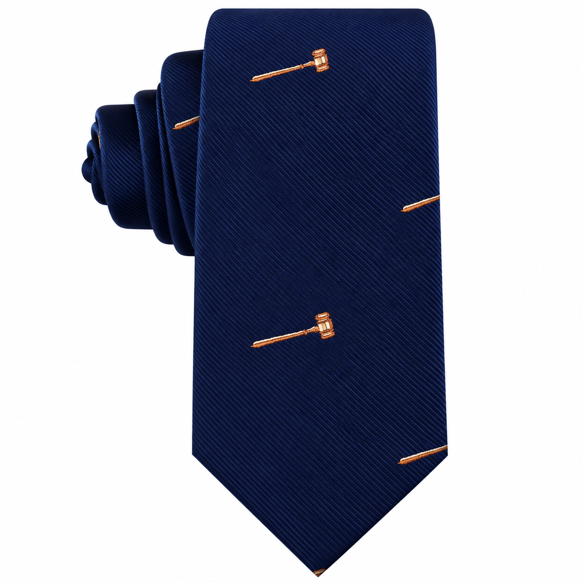 Navy blue Gavel Skinny Tie with a diagonal ribbed texture and a repeating pattern of small gold gavels.