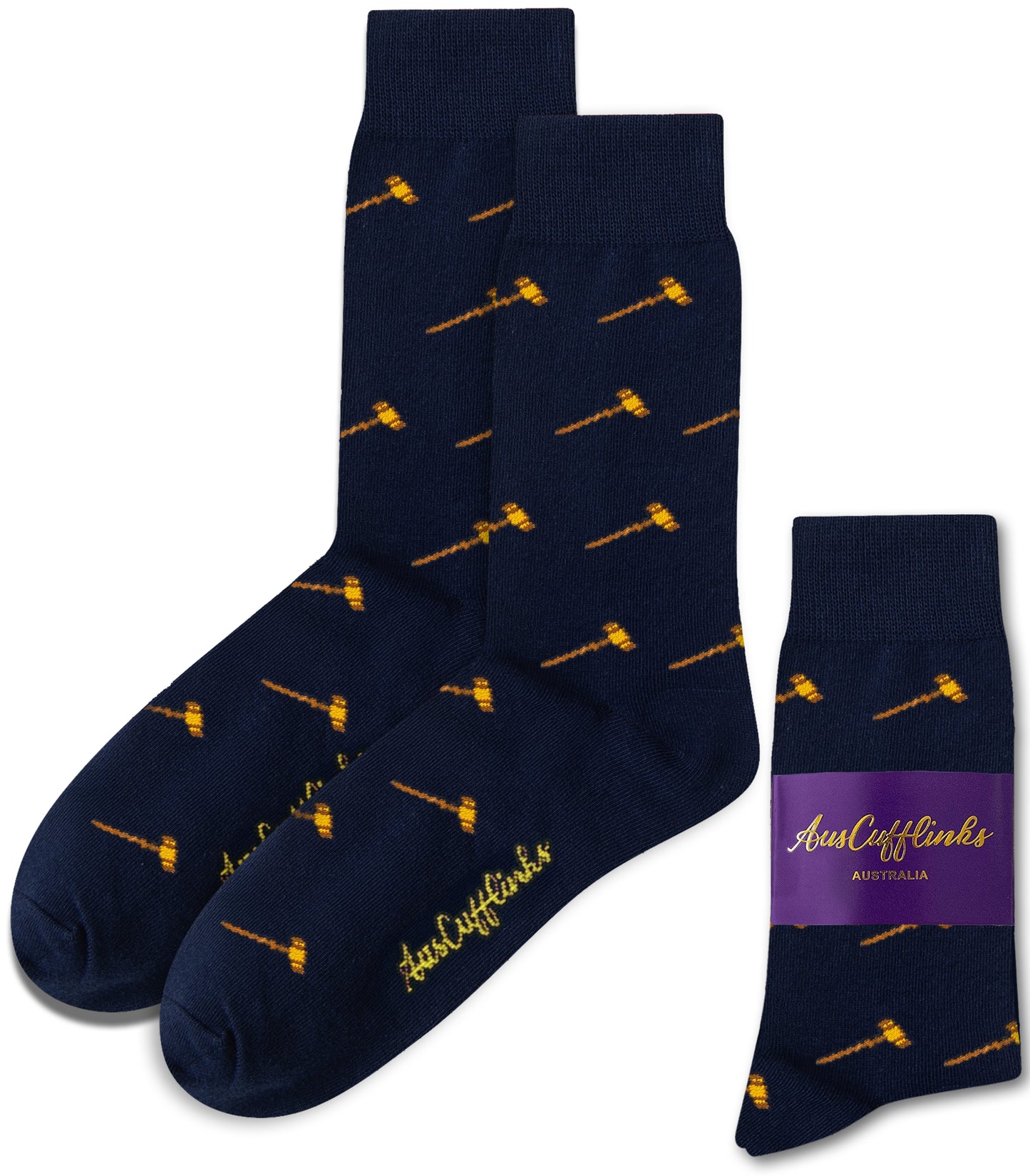 Gavel Socks in navy blue with a yellow gavel pattern, showcasing “AusCufflinks Australia” branding and a purple band around one sock.