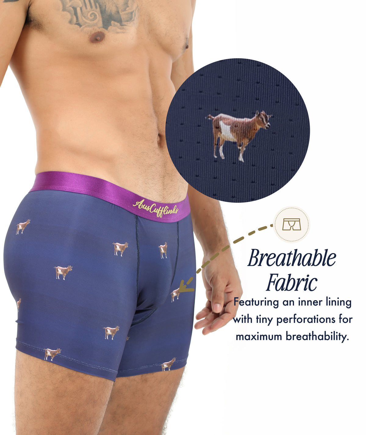 A man wears Goat Underwear: blue boxer briefs with a cow print and purple waistband, ideal for animal lovers. An inset shows their breathable, perforated inner lining for moisture-wicking comfort.