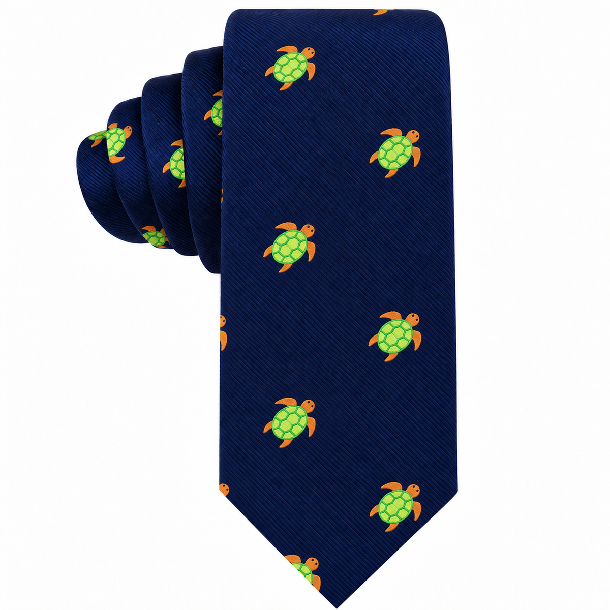 Green Turtle Skinny Tie in dark blue with a repeating pattern of small green turtles.
