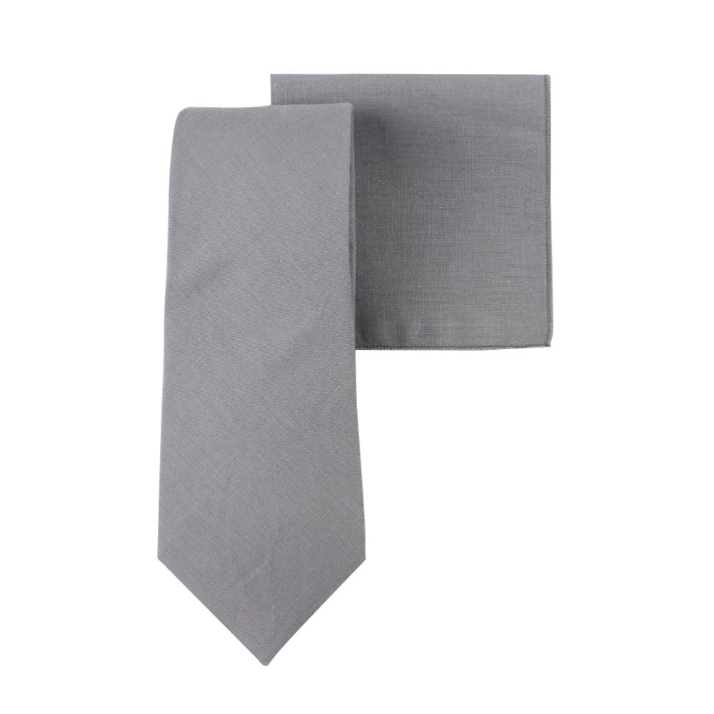 Grey Cotton Skinny Tie & Pocket Square Set