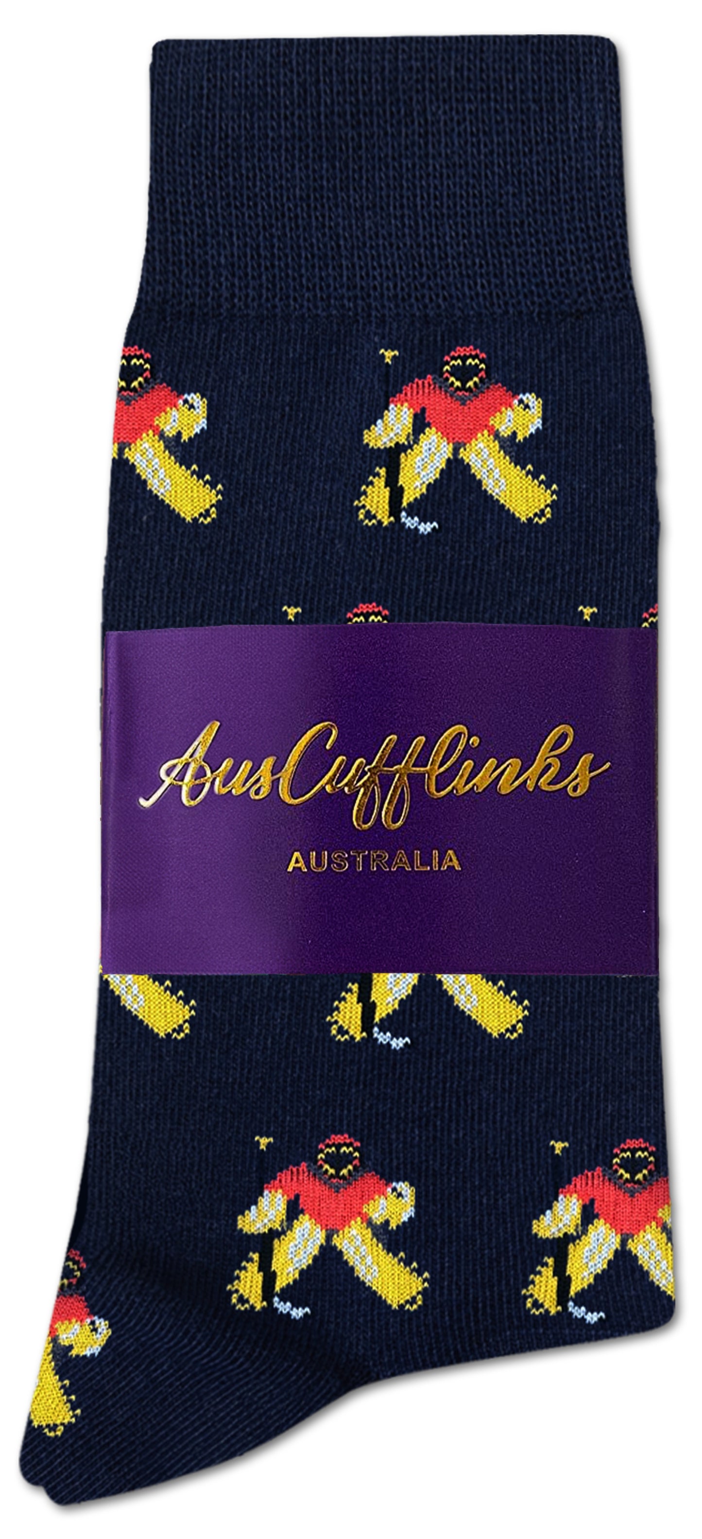 Ice Hockey Goalie Socks featuring a repeating banana pattern with red bows, packaged in a purple "AusCufflinks Australia" label, provide professional comfort and breathable durability perfect for daily wear.