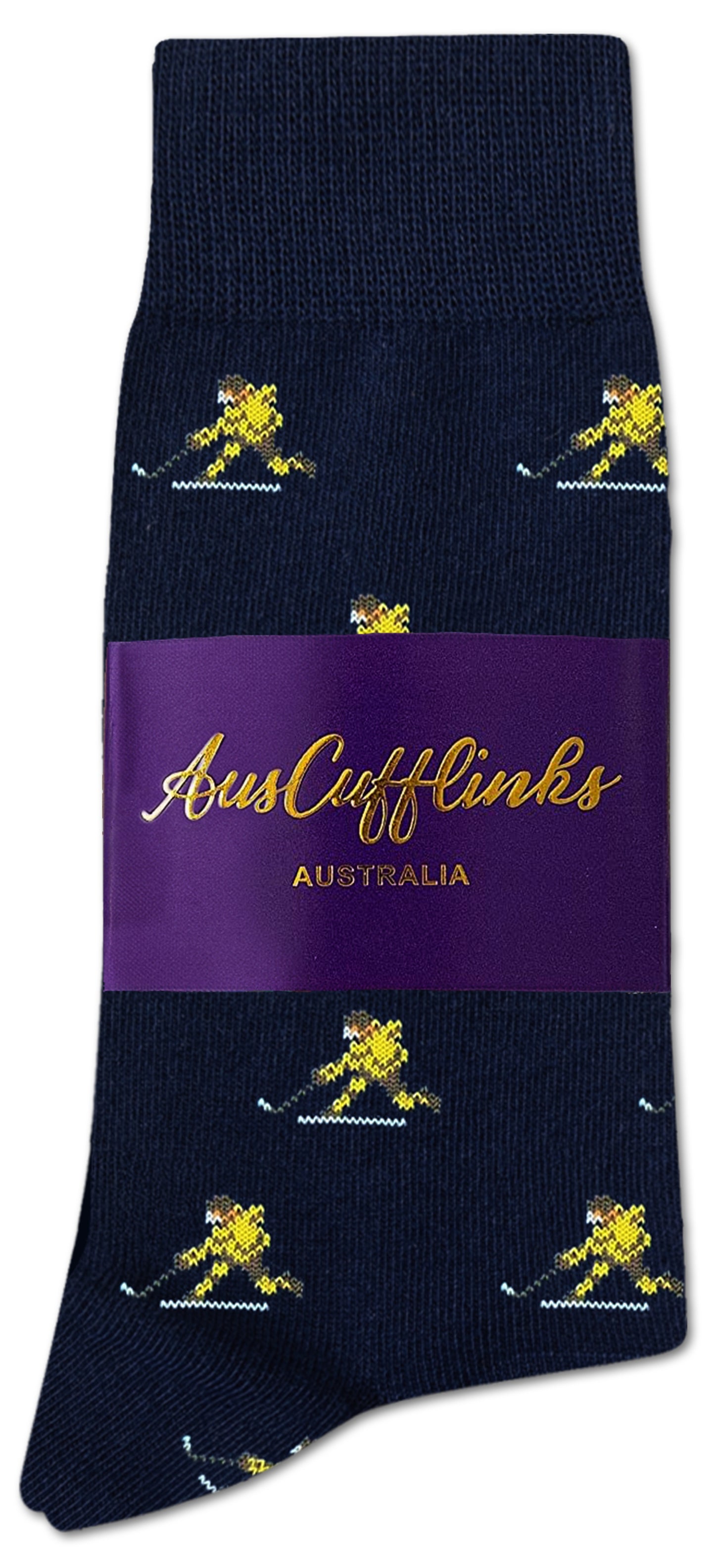 The Ice Hockey Shot Socks feature a navy blue base with repeating yellow kangaroos and come in purple AusCufflinks Australia packaging—ideal for fans who love hockey energy and goal-getter vibes.