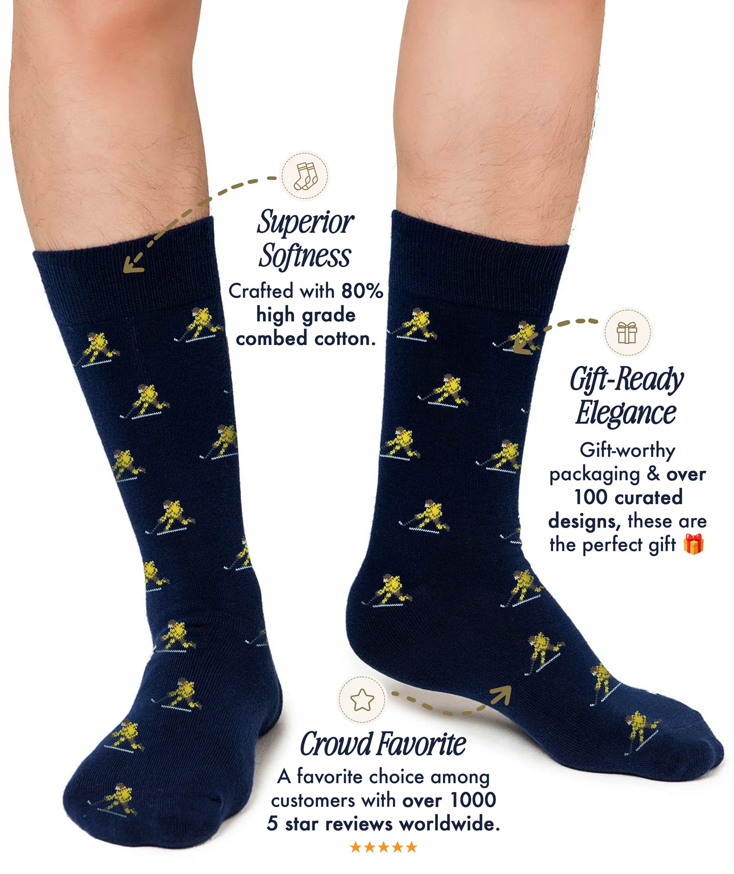 A pair of navy Ice Hockey Shot Socks with a skier pattern, worn by a person, featuring text highlighting their softness, attractive gift packaging, and top customer ratings—ideal for cozy comfort and capturing hockey excitement.